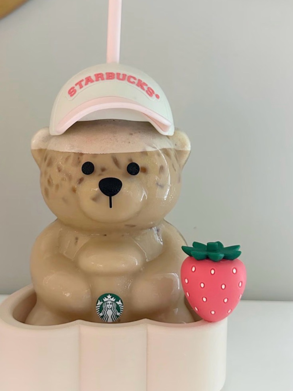 Starbucks Bear Cup with Pink Hat and Pink Strawberry Charm